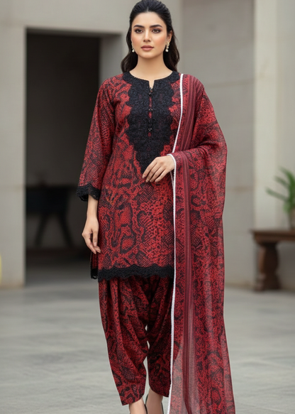 Maroon & Black Printed Cotrail 3-Piece Stitched Dress with Lace Neckline