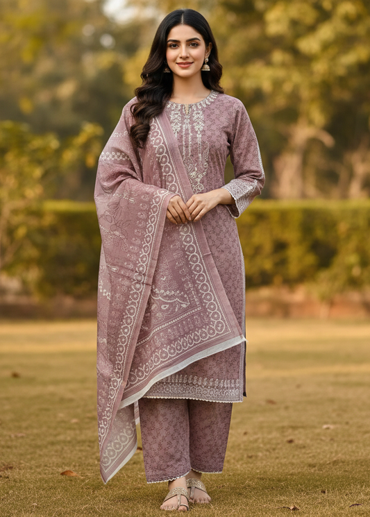 Elegant Mauve Floral Print Cambric Cotton Kurta Set with Intricate White Embroidery