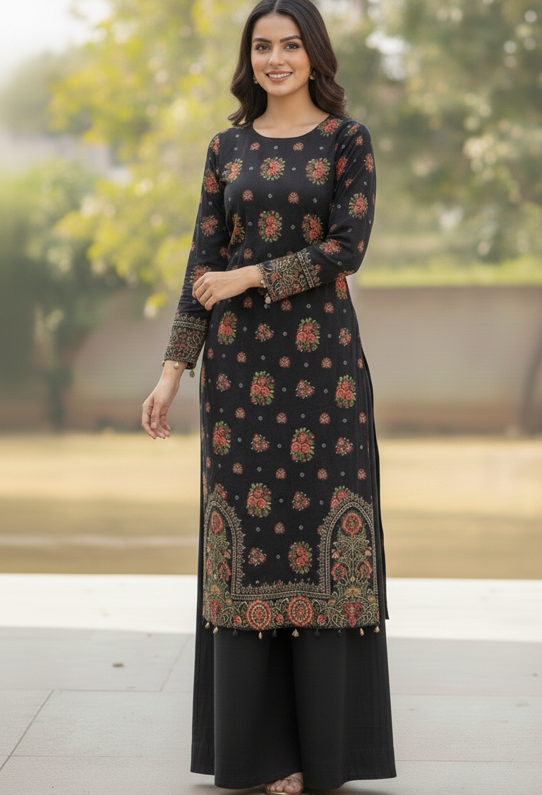Noir Floral Khaddar 3-Piece Stitched Set | Long Shirt & Wide-Leg Trouser