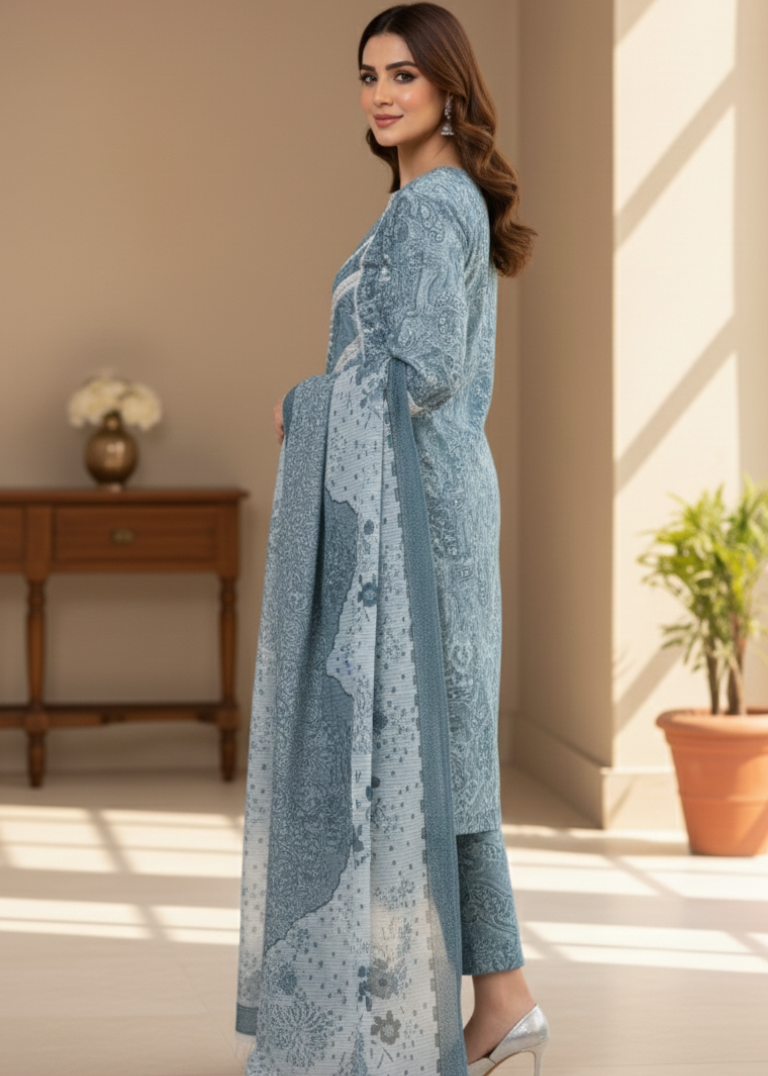 Women’s Blue Embroidered Cambric 3-Piece Stitched Suit