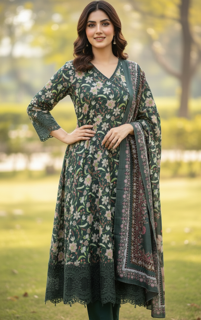 Khaddar 3-piece Stitched Printed Frock with Trousers and Dupatta