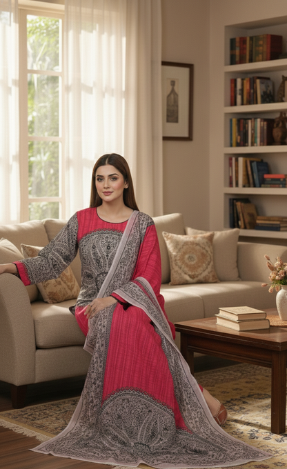 Regal Crimson & Grey Self-Jacquard 3-Piece Stitched Suit