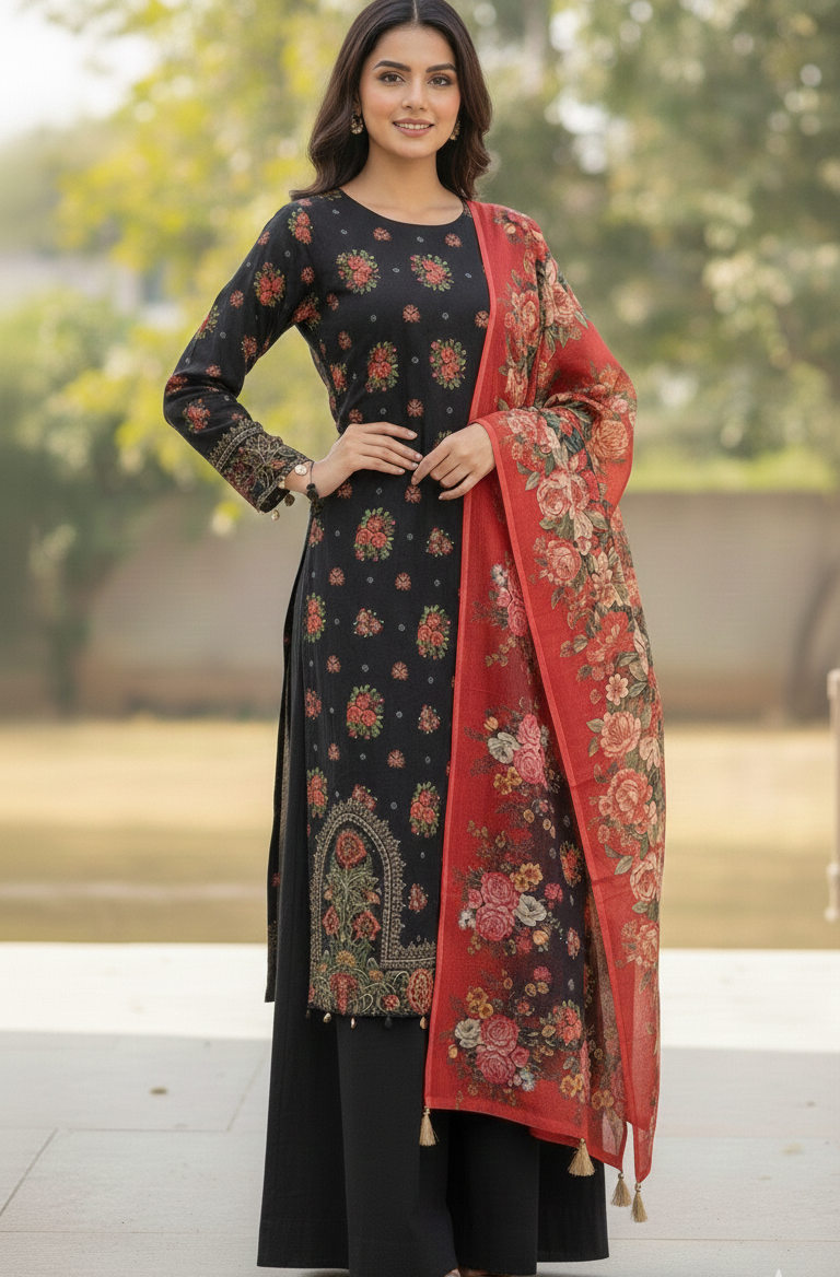 Noir Floral Khaddar 3-Piece Stitched Set | Long Shirt & Wide-Leg Trouser