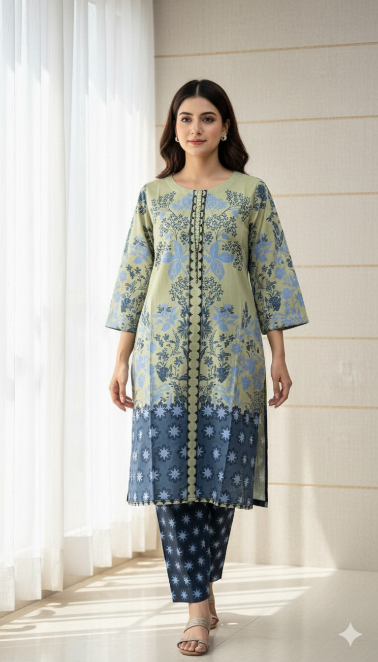 Printed Silk Two-Piece Suit with Flaper Trouser: Olive Green & Indigo Floral Print