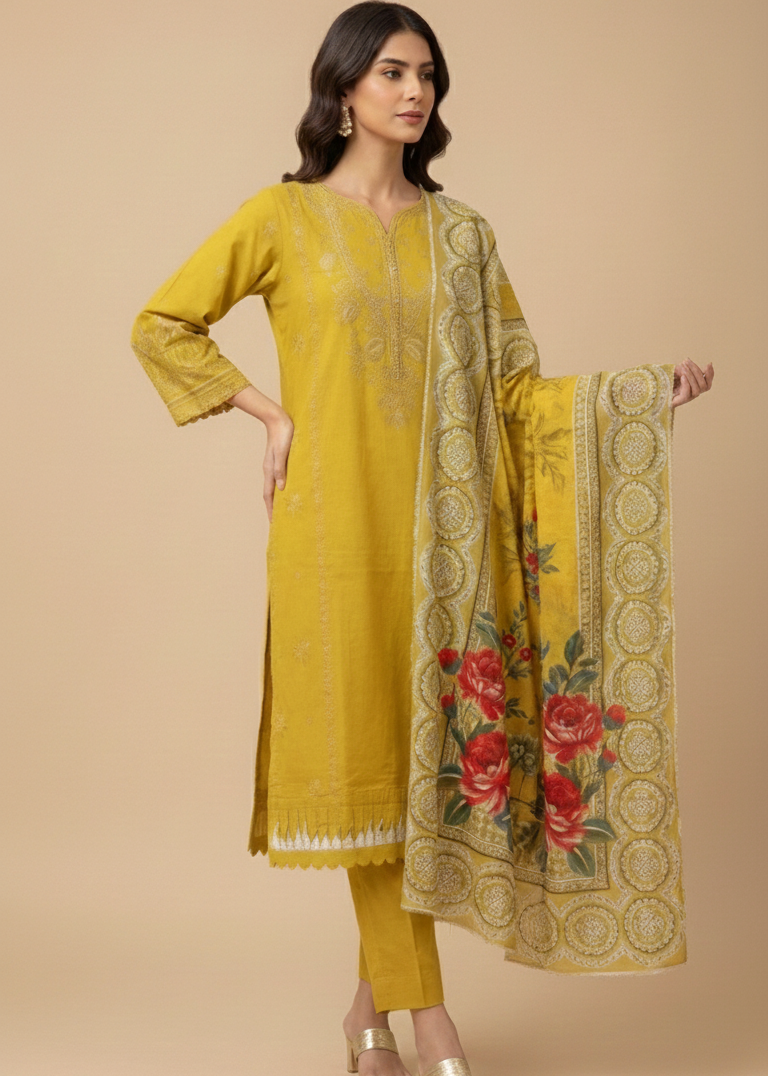 Mustard Self-Jacquard 3-Piece Stitched Embroidered Suit with Floral Dupatta