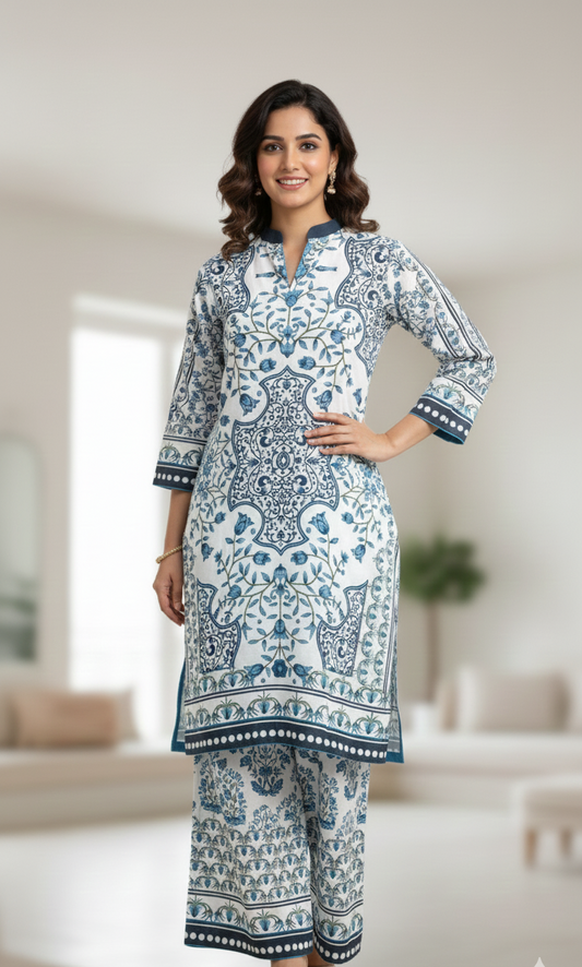 Designer Blue & White Silk Printed Straight 2-Piece Stitched Dress