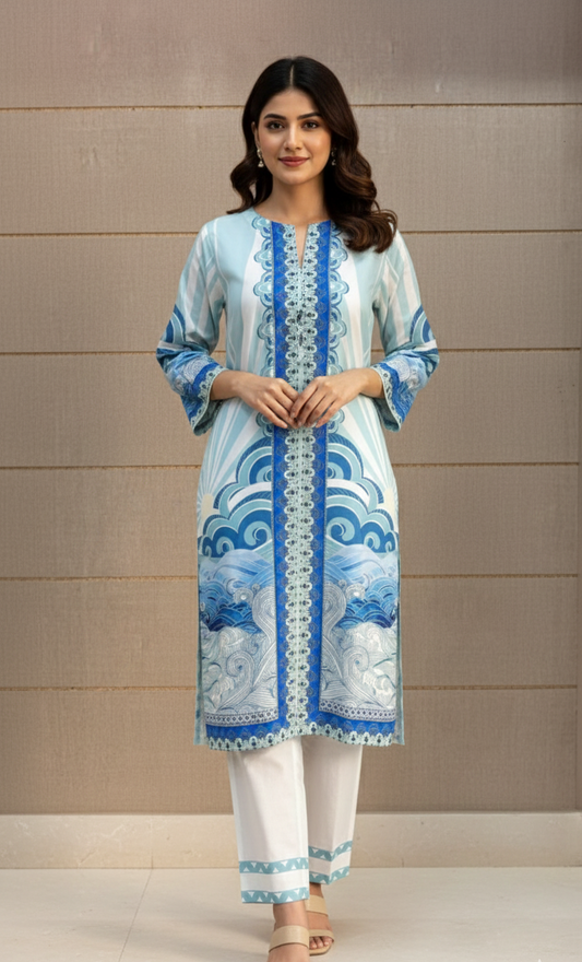 The Serene Waters Silk Tunic & Trouser Ensemble-2piece Stitched Dress