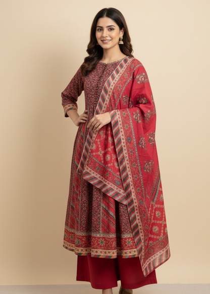 3-Piece Stitched Printed Khaddar Frock Set with Palazzo