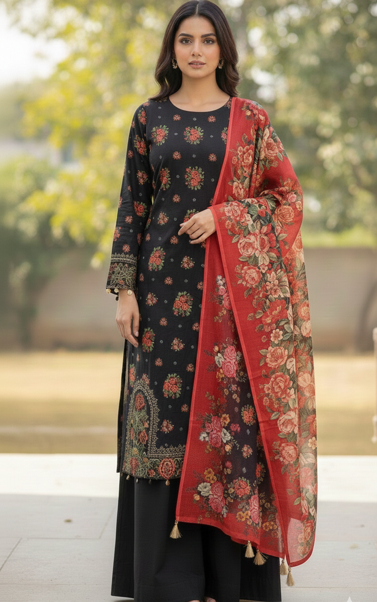 Noir Floral Khaddar 3-Piece Stitched Set | Long Shirt & Wide-Leg Trouser