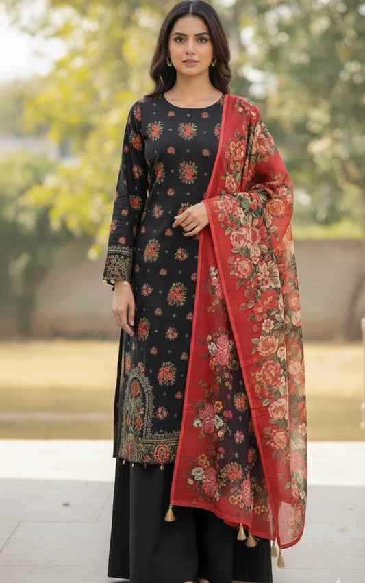 Noir Floral Khaddar 3-Piece Stitched Set | Long Shirt & Wide-Leg Trouser