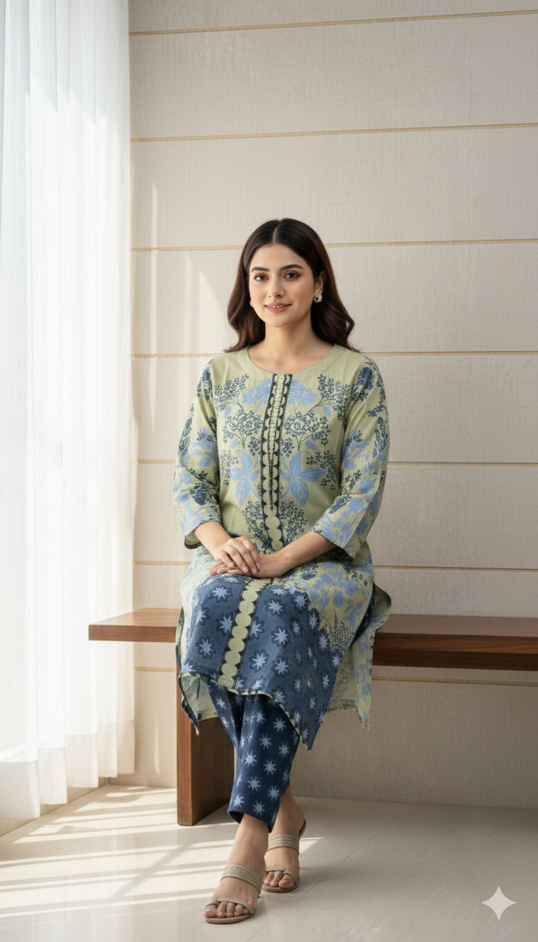 Printed Silk Two-Piece Suit with Flaper Trouser: Olive Green & Indigo Floral Print