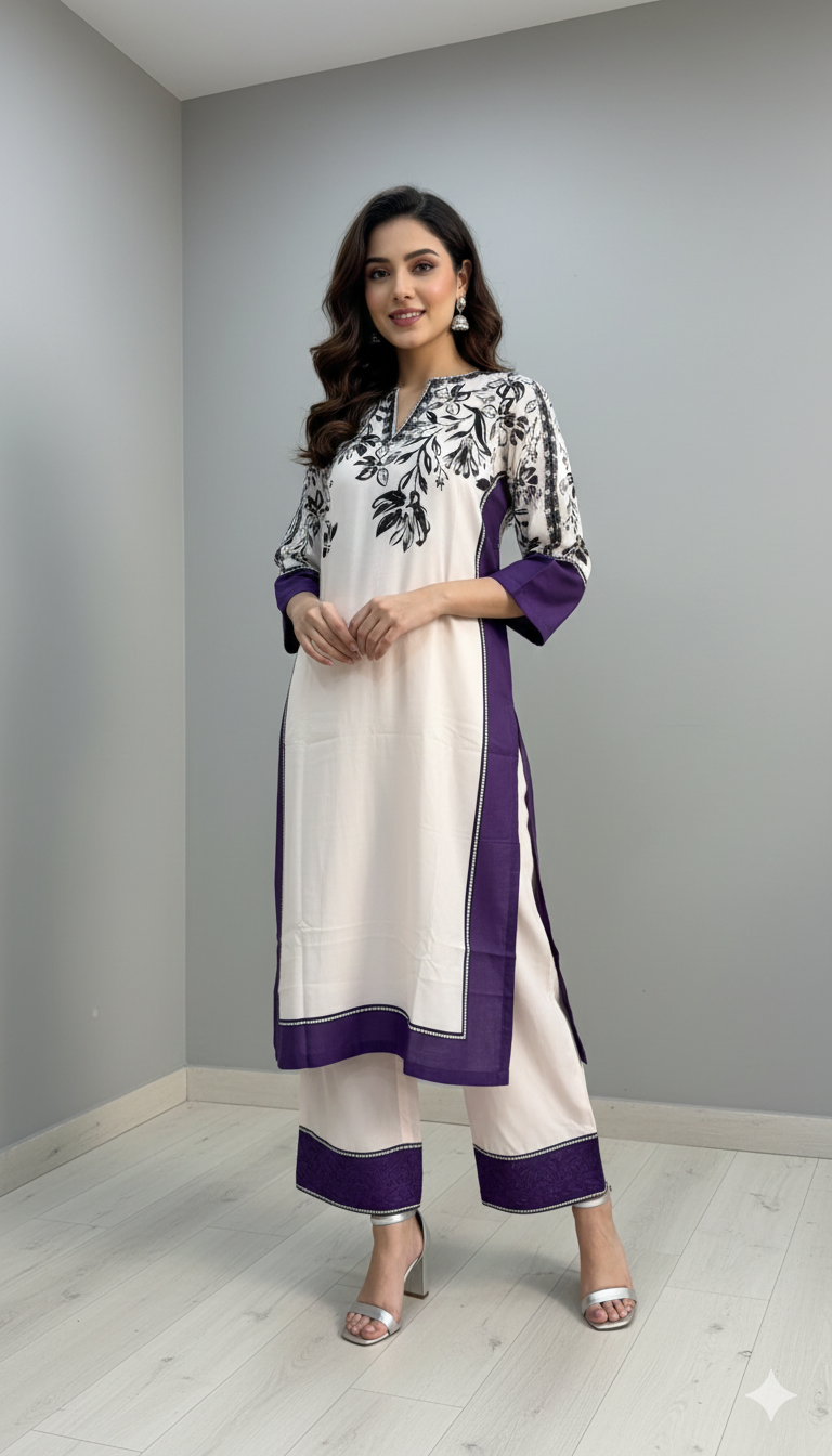 Luxury Floral Printed Silk Tunic and Trouser 2-Pc Stitched Suit