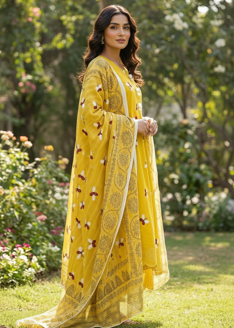 Marigold Monarch | Embroidered Butterfly Khaddar 3-Piece Stitched Dress