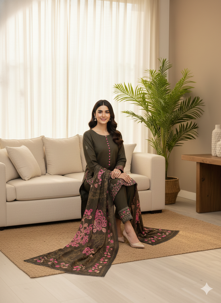 Elegant Dark Olive Green 3-Piece Self-Printed Jacquard Suit with Pink Floral Embroidery