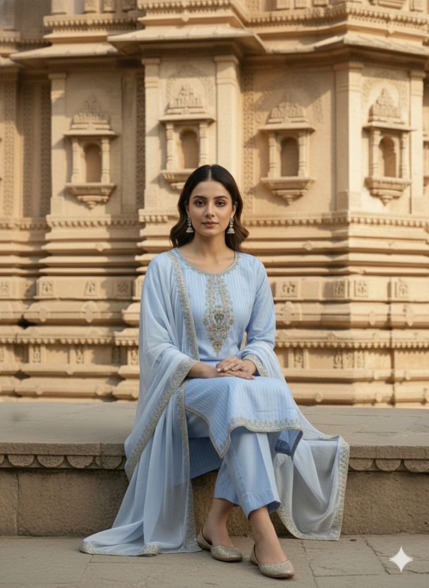 Elegant Sky Blue Self-Printed Jacquard 3-piece Stitched Suit with Pure Embroidered Dupatta