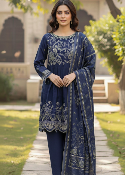 Navy Blue Embroidered Dhanak 3-Piece Suit - Stitched