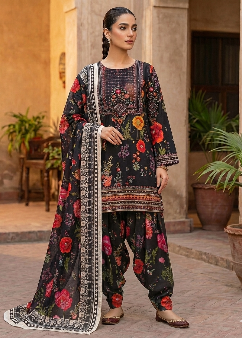 Black Self Printed Jacquard Kurta with Farshi Shalwar & Dupatta