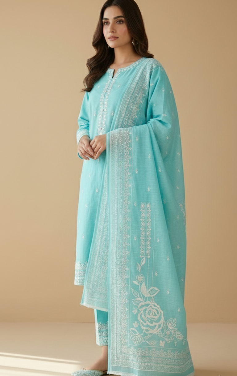 Women’s 3-Piece Stitched Turquoise Jacquard Suit - Embroidered