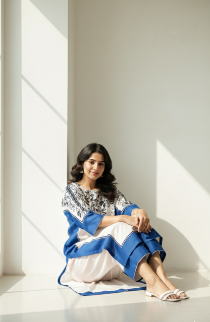 Chic Black & Blue Floral Printed Silk 2-Pc Stitched Dress