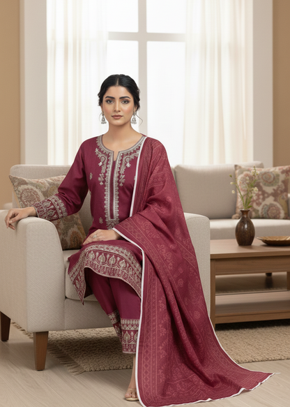 Women’s 3-Piece Maroon Self-Jacquard Stitched Suit – Embroidered Kurta Set