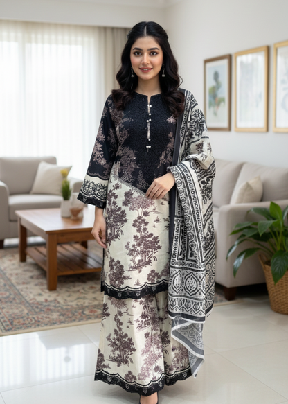 Landscape Print Cambric Shirt & Palazzo Set with Dupatta | 3-Piece Stitched Dress