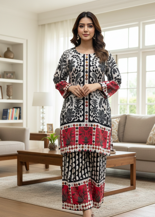 Self Jacquard Printed 2-Piece Stitched Suit | Black, White & Red