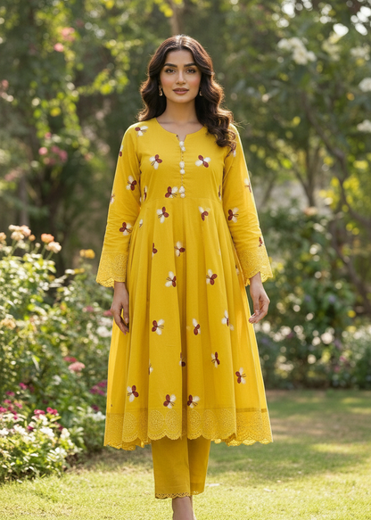 Marigold Monarch | Embroidered Butterfly Khaddar 3-Piece Stitched Dress