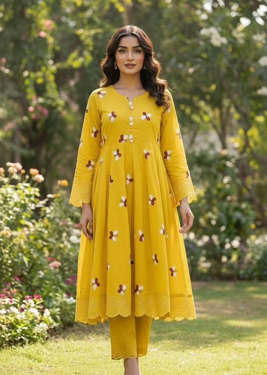 Marigold Monarch | Embroidered Butterfly Khaddar 3-Piece Stitched Dress