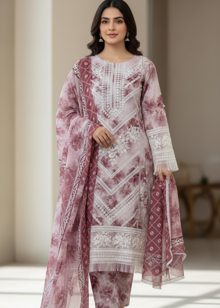 Mauve Blossom | Embroidered 3-Piece Stitched Cambric Suit