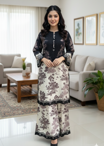 Landscape Print Cambric Shirt & Palazzo Set with Dupatta | 3-Piece Stitched Dress