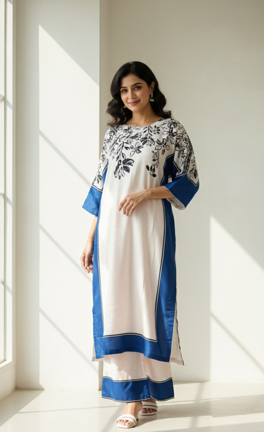 Chic Black & Blue Floral Printed Silk 2-Pc Stitched Dress