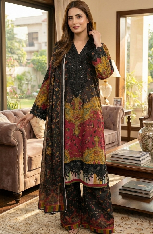 Luxury Cotrai Embroidered Black & Maroon Suit with Palazo - 3-Piece stitched