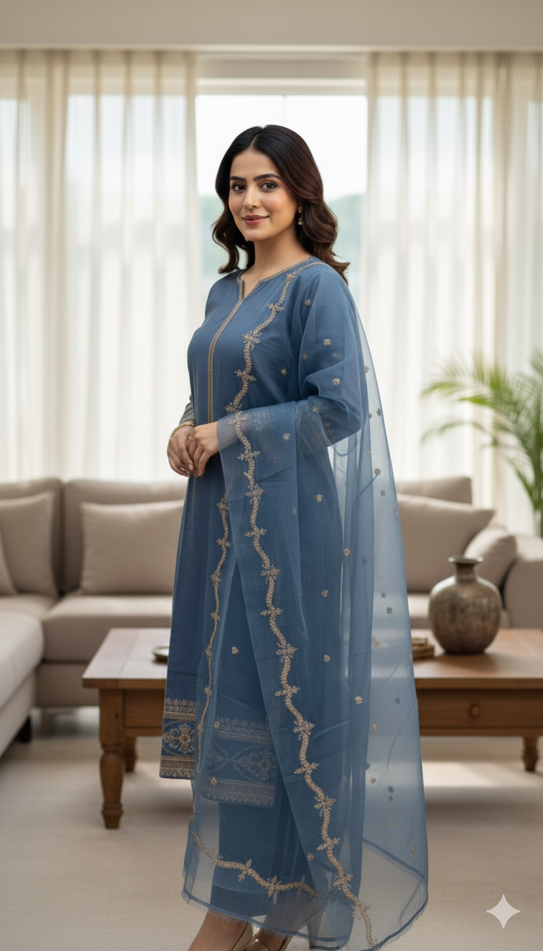 Steel Blue Embroidered Cambric Cotton 3-Piece Stitched Suit with Tissue Dupatta