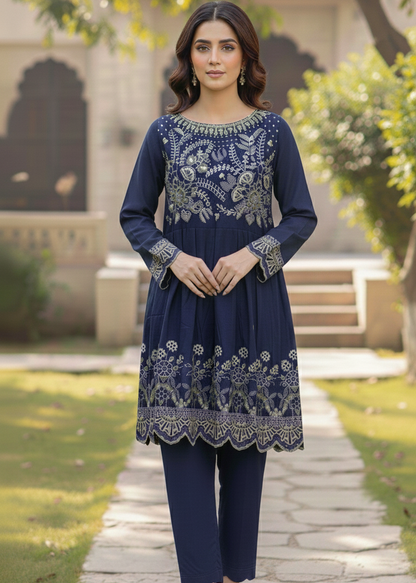 Navy Blue Embroidered Dhanak 3-Piece Suit - Stitched