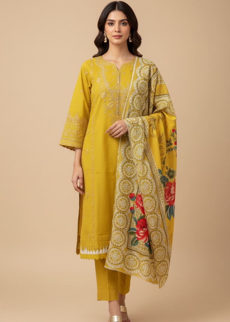Mustard Self-Jacquard 3-Piece Stitched Embroidered Suit with Floral Dupatta
