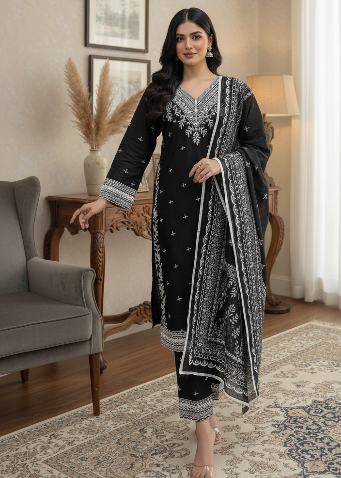 Black & White Embroidered Self Jacquard Suit – 3 Piece stitched