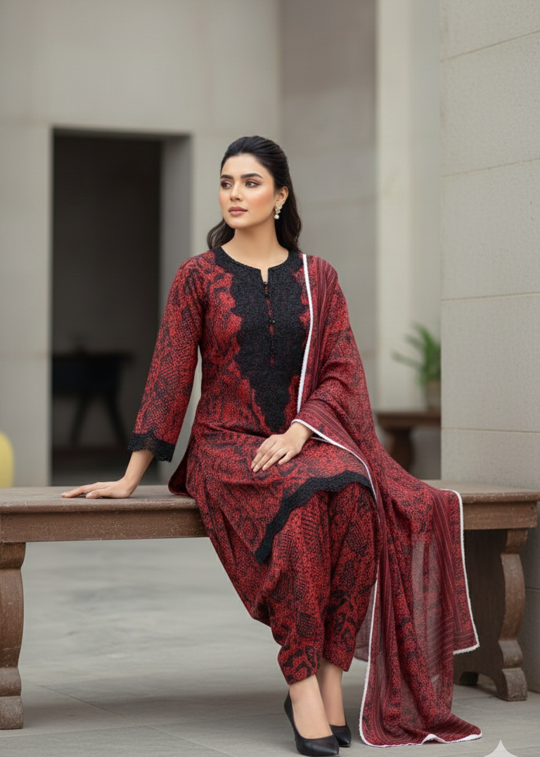 Maroon & Black Printed Cotrail 3-Piece Stitched Dress with Lace Neckline