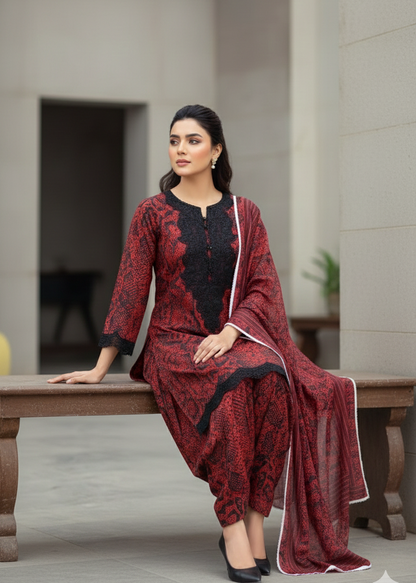 Maroon & Black Printed Cotrail 3-Piece Stitched Dress with Lace Neckline