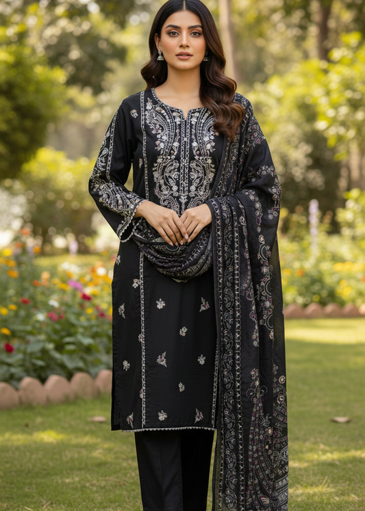 Midnight Grace – Intricately Embroidered Black Self-Jacquard 3-Piece Stitched Suite