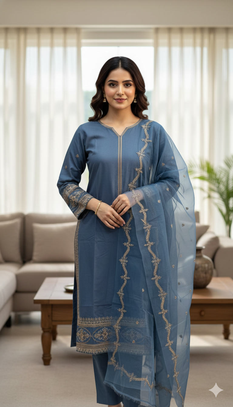Steel Blue Embroidered Cambric Cotton 3-Piece Stitched Suit with Tissue Dupatta