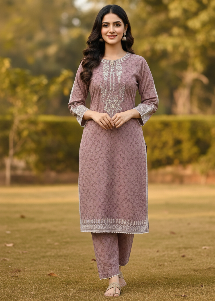 Elegant Mauve Floral Print Cambric Cotton Kurta Set with Intricate White Embroidery