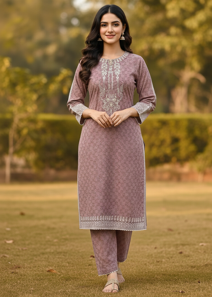 Elegant Mauve Floral Print Cambric Cotton Kurta Set with Intricate White Embroidery