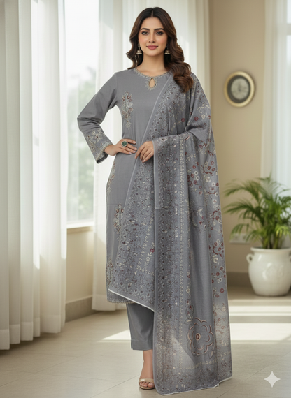 3-piece Stitched Grey Embroidered Cambric Suit | Diamond Dupatta