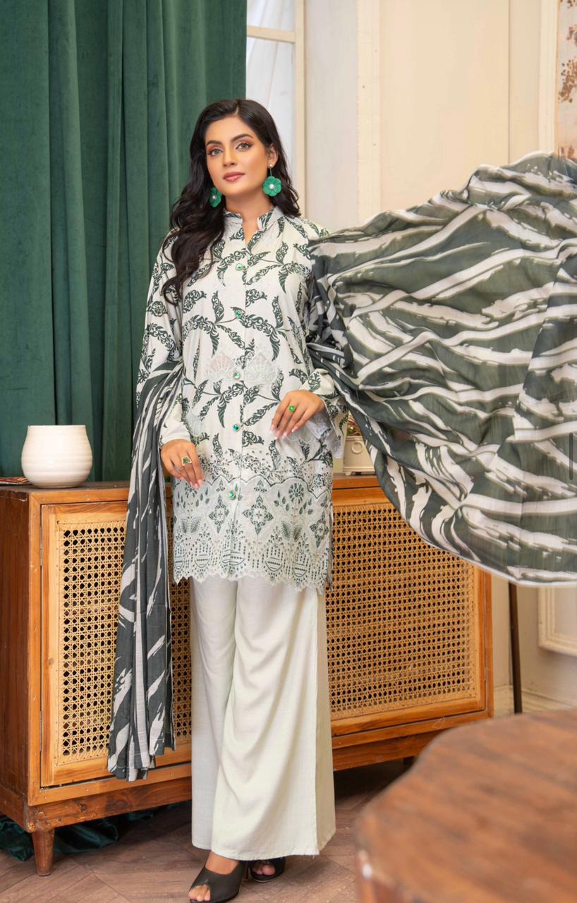 3-Piece Luxury Stapel Slub  Unstitched Embroidered Suit