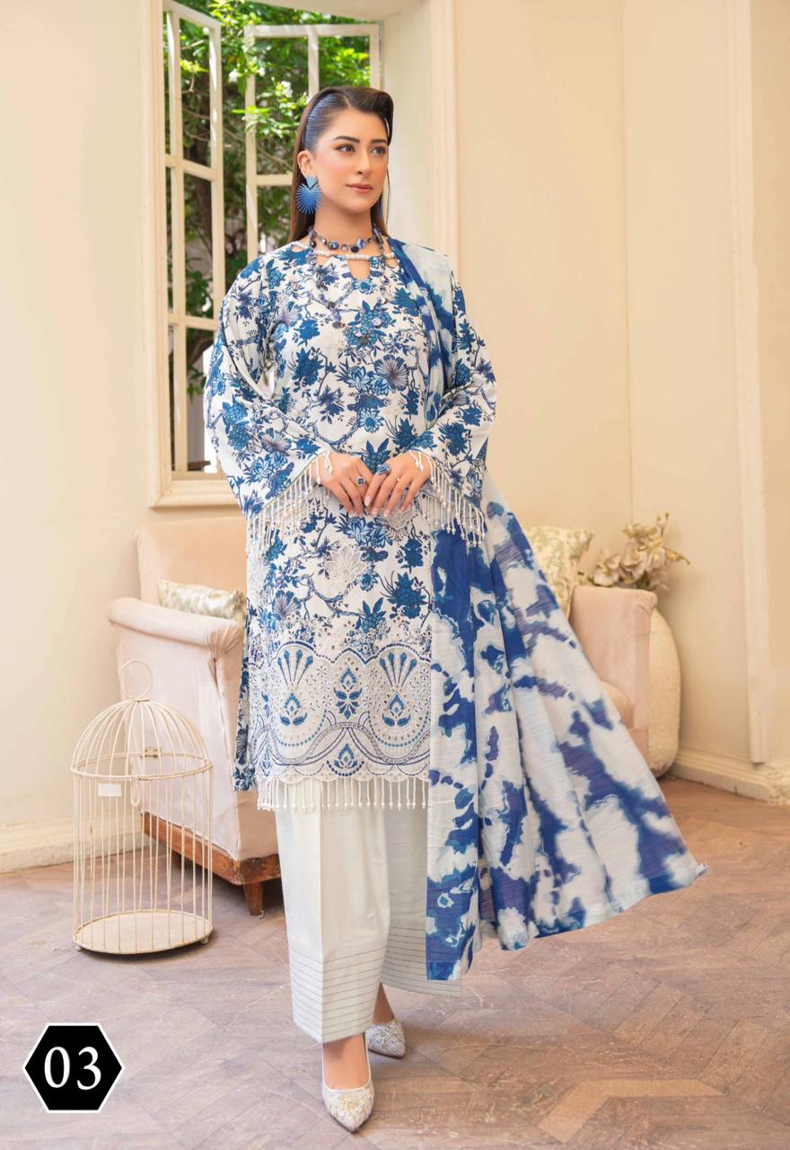 3-Piece Luxury Stapel Slub  Unstitched Embroidered Suit