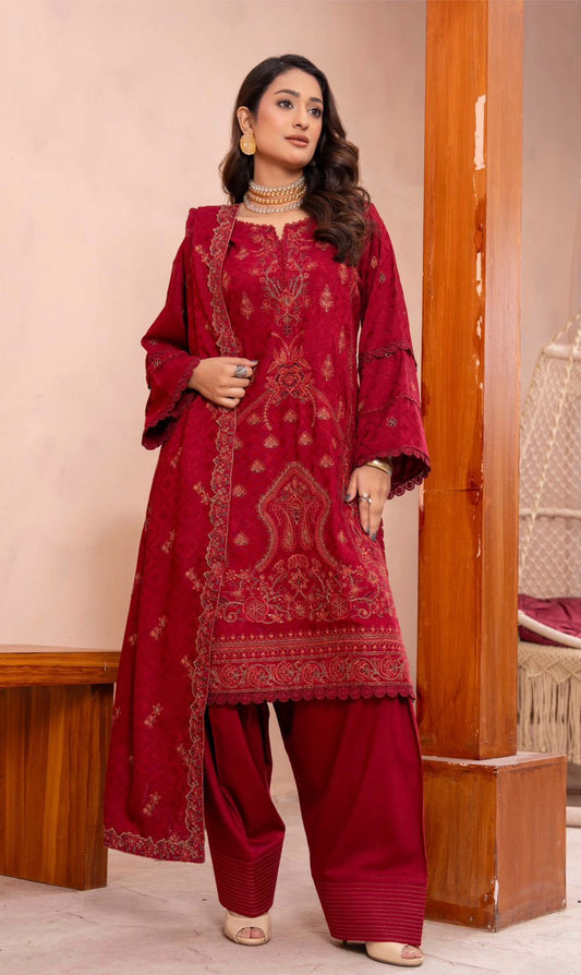 Premium Embroidered Peach Slub 3 Piece Unstitched Winter Dress