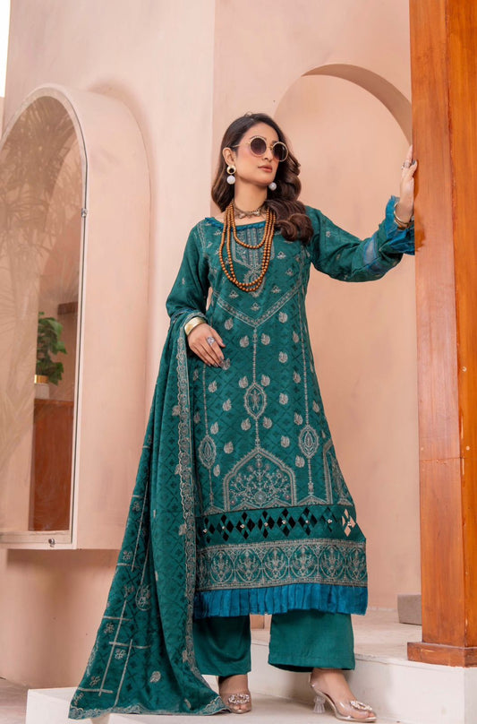 Premium Embroidered Peach Slub 3 Piece Unstitched Winter Dress