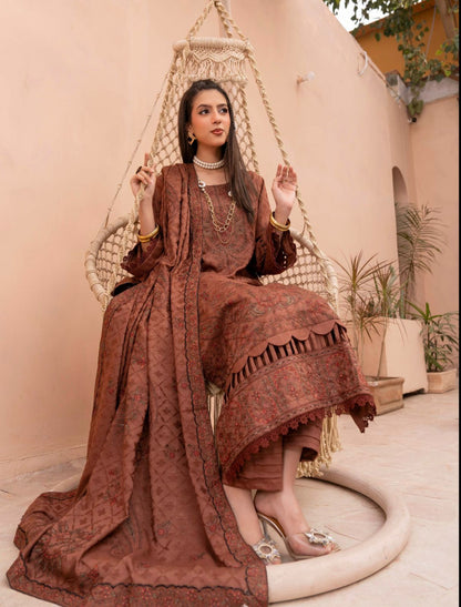 Premium Embroidered Peach Slub 3 Piece Unstitched Winter Dress