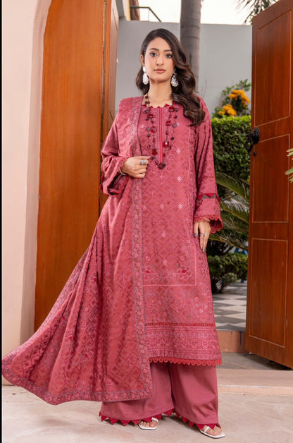 Premium Embroidered Peach Slub 3 Piece Unstitched Winter Dress