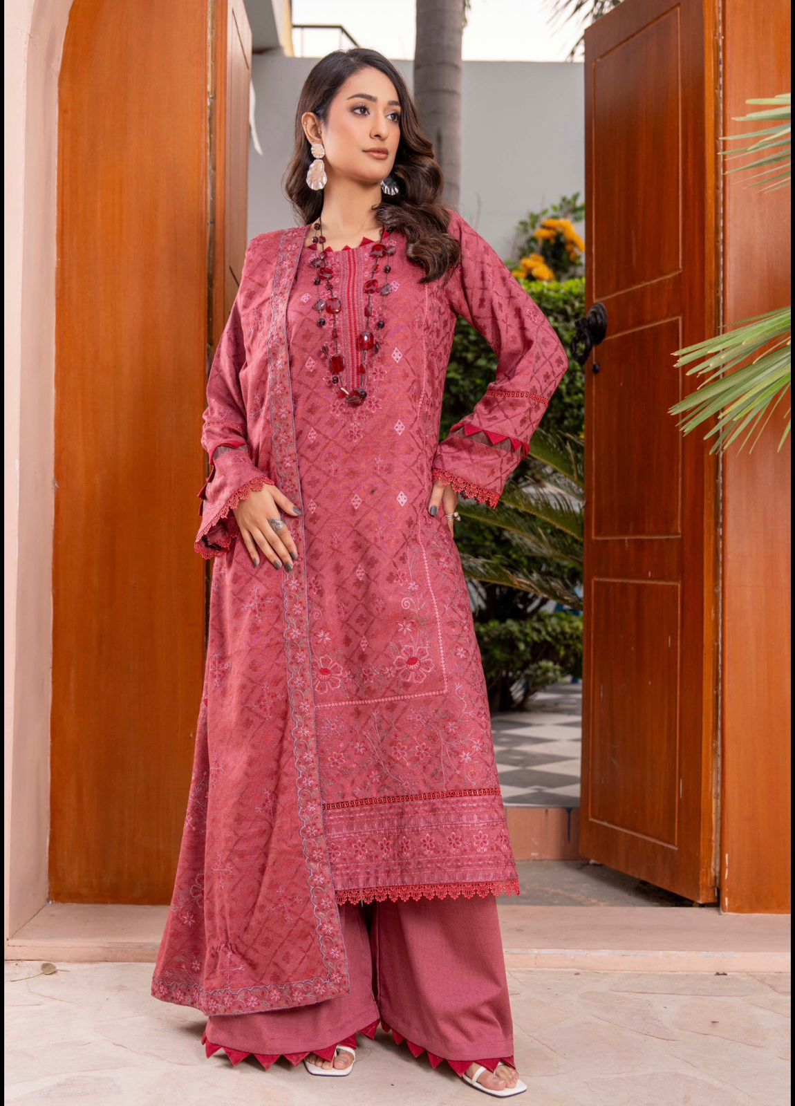 Premium Embroidered Peach Slub 3 Piece Unstitched Winter Dress